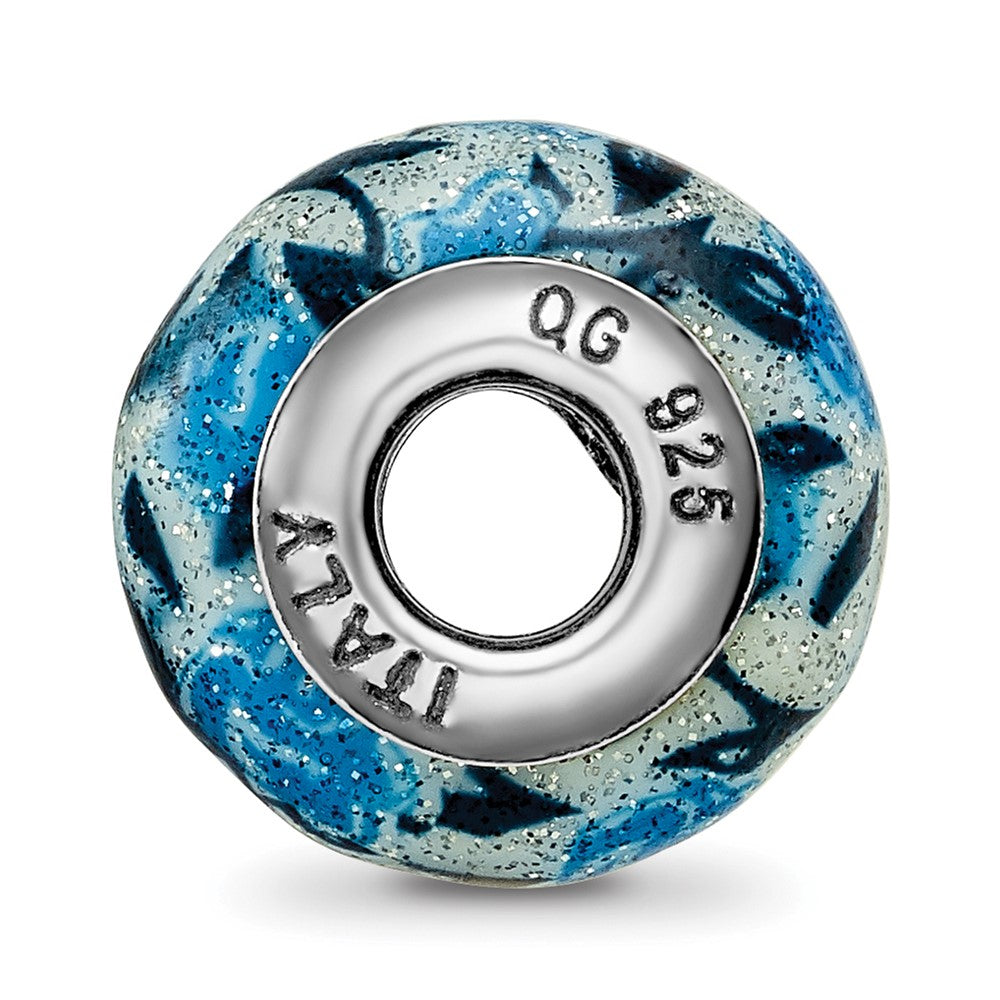 Reflections 925 Sterling Silver Blue Rose Glitter Overlay Glass Bead 12 x 7 mm