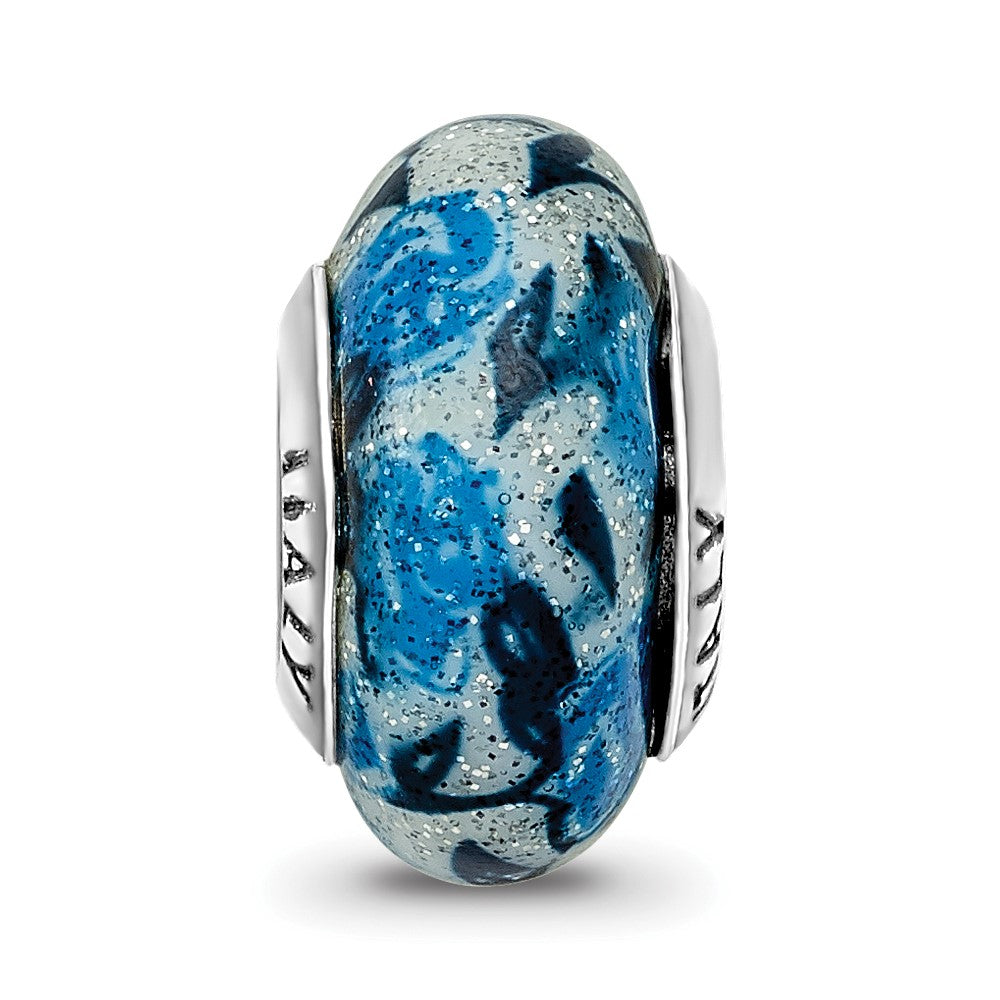 Reflections 925 Sterling Silver Blue Rose Glitter Overlay Glass Bead 12 x 7 mm