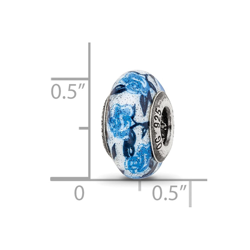 Reflections 925 Sterling Silver Blue Rose Glitter Overlay Glass Bead 12 x 7 mm