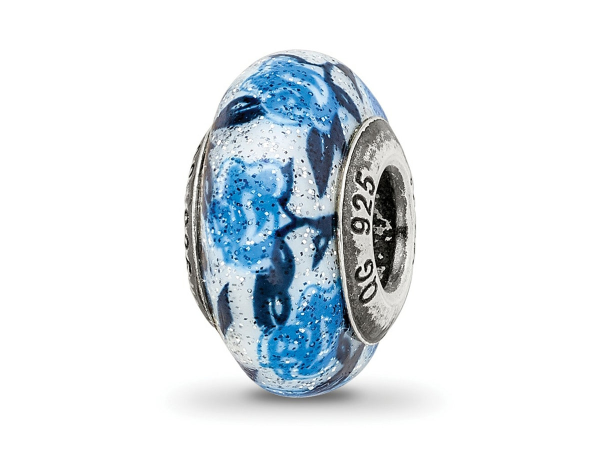 Reflections 925 Sterling Silver Blue Rose Glitter Overlay Glass Bead 12 x 7 mm