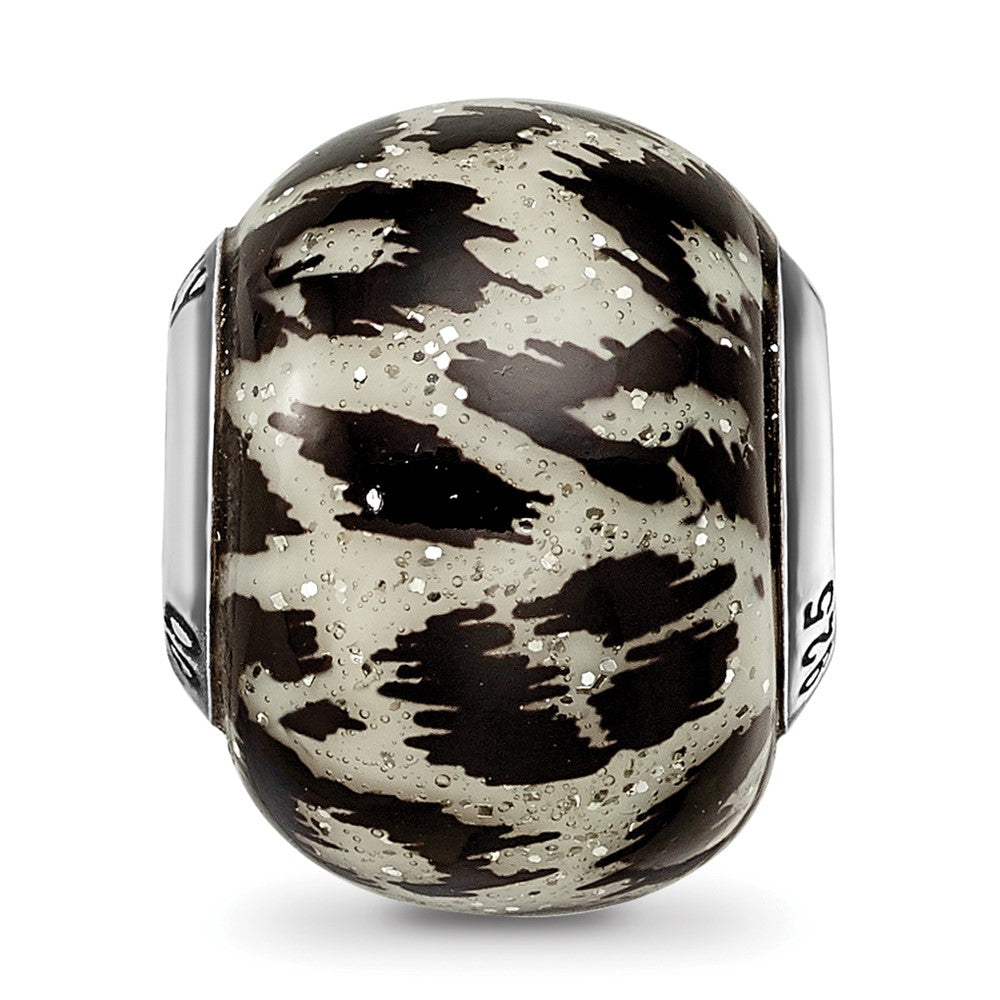 Reflections 925 Sterling Silver White and Black with Glitter Overlay Glass Bead 12 x 10 mm