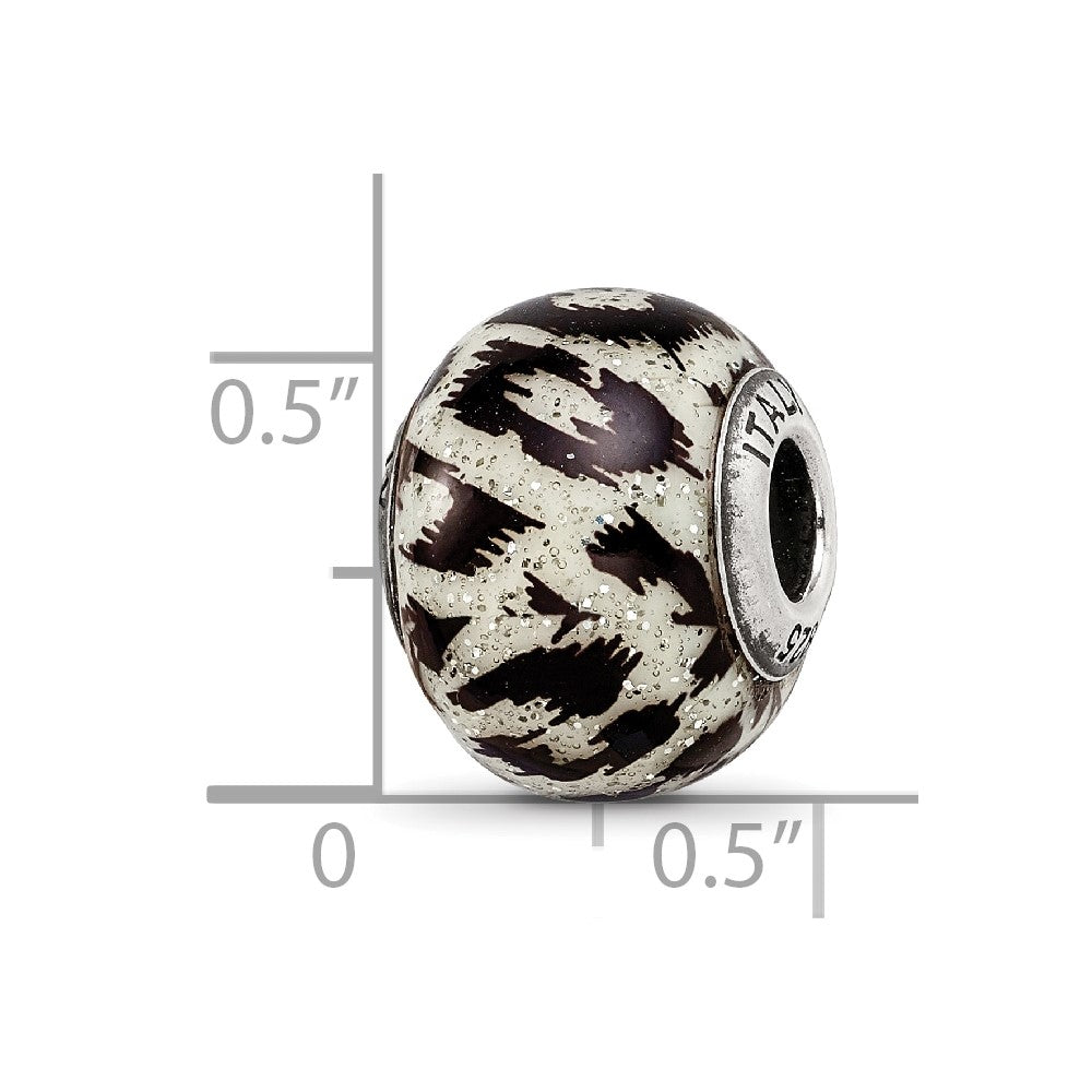 Reflections 925 Sterling Silver White and Black with Glitter Overlay Glass Bead 12 x 10 mm