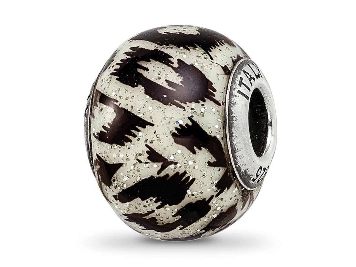 Reflections 925 Sterling Silver White and Black with Glitter Overlay Glass Bead 12 x 10 mm