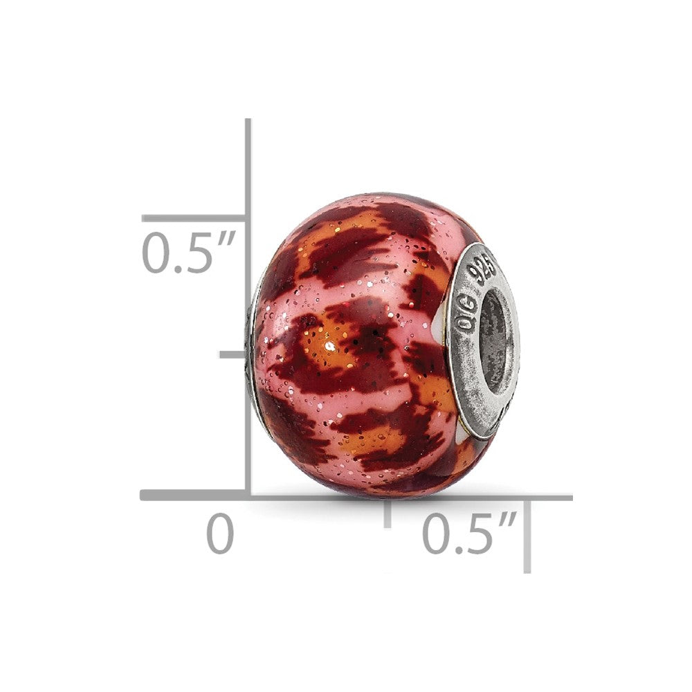 Reflections 925 Sterling Silver Pink and Brown with Glitter Overlay Glass Bead 12 x 10 mm