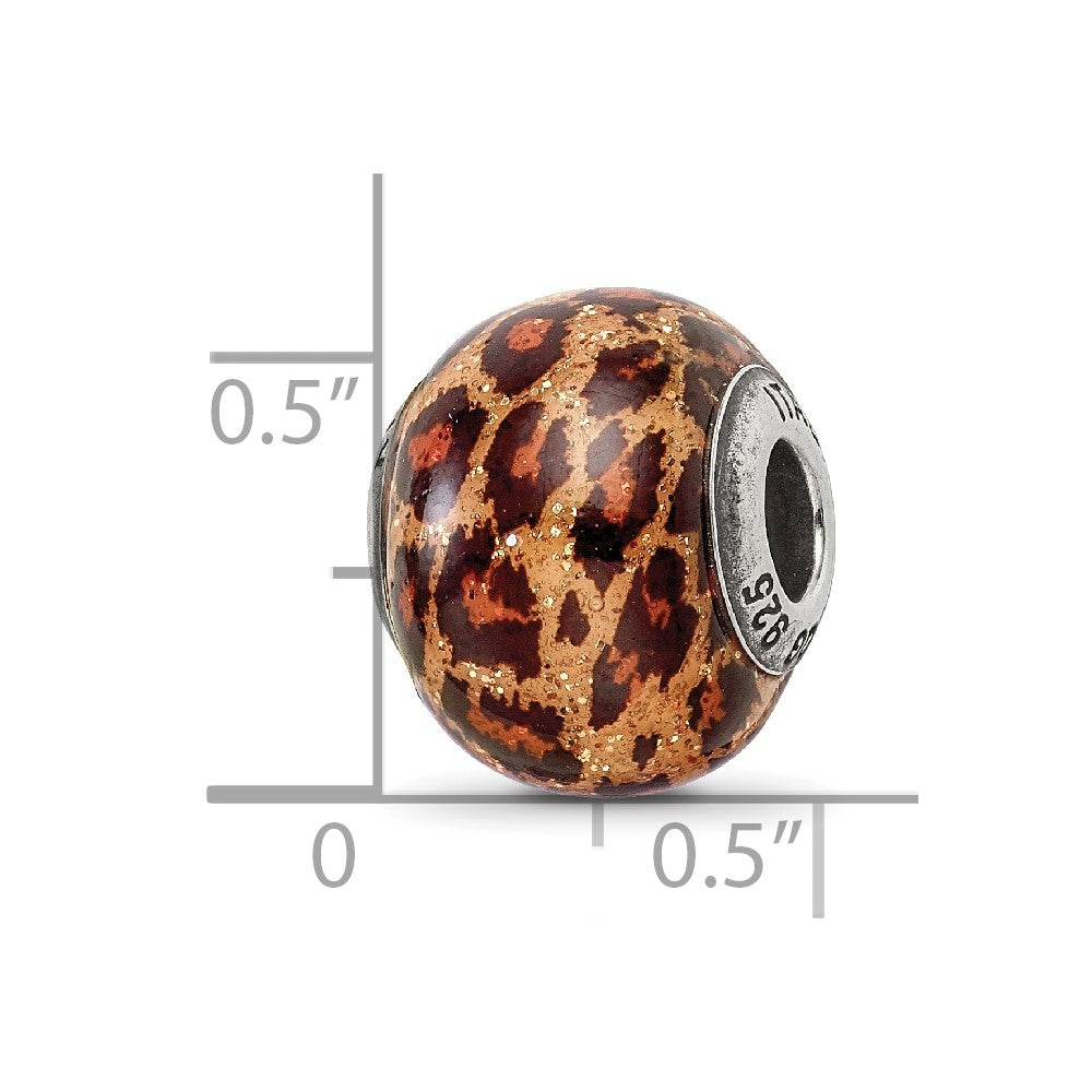 Reflections 925 Sterling Silver Brown Jaguar Glitter Overlay Glass Bead 12 x 10 mm