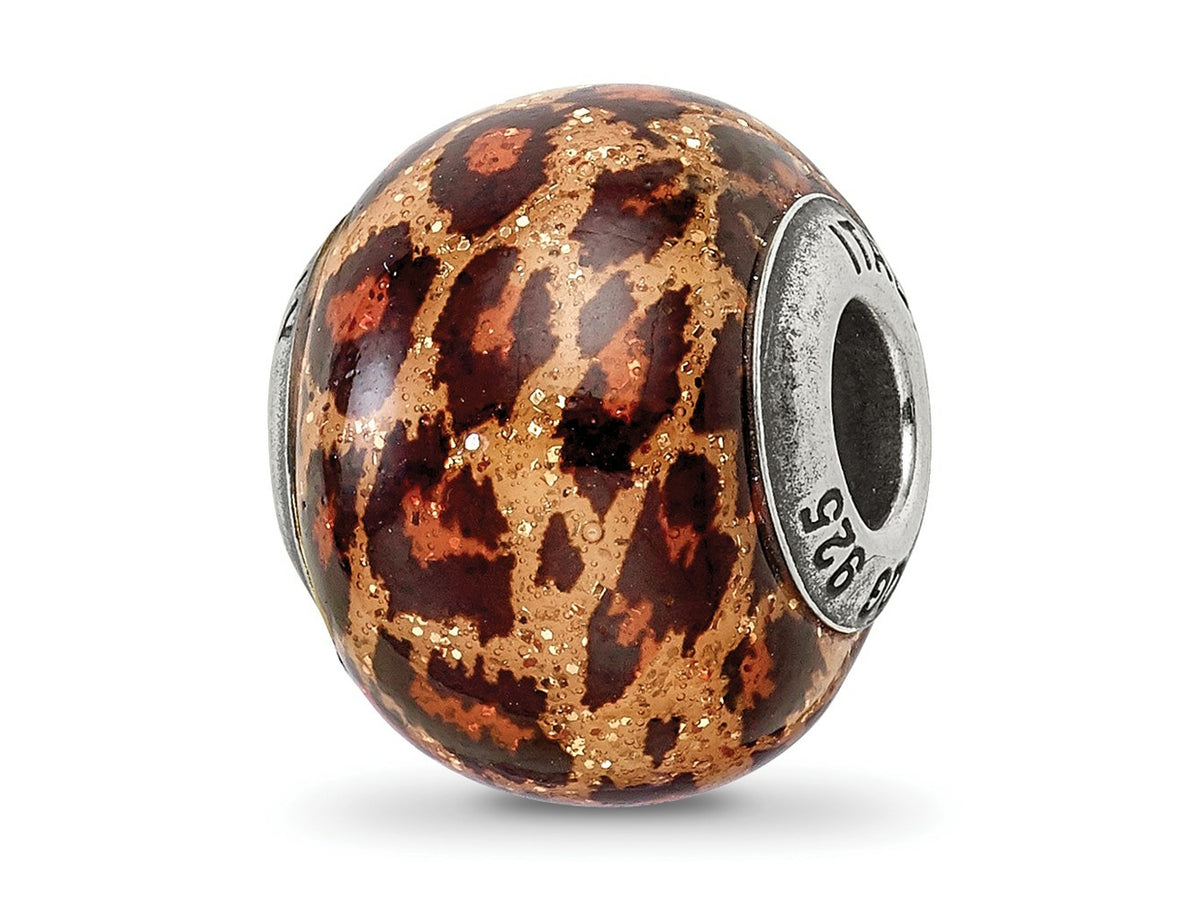 Reflections 925 Sterling Silver Brown Jaguar Glitter Overlay Glass Bead 12 x 10 mm