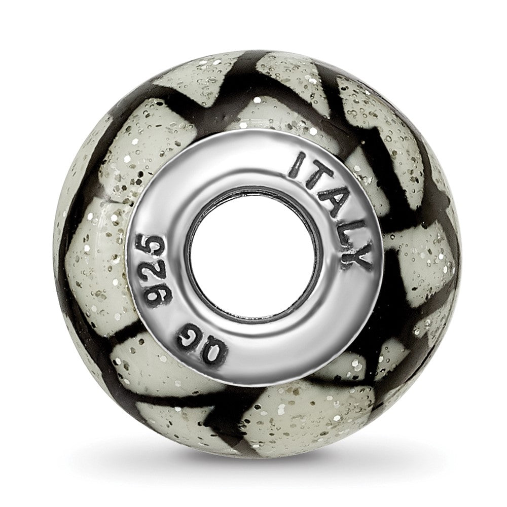 Reflections 925 Sterling Silver White/Black with Glitter Overlay Glass Bead 12 x 10 mm