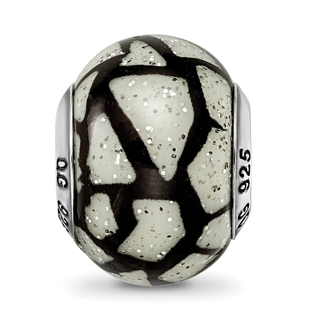 Reflections 925 Sterling Silver White/Black with Glitter Overlay Glass Bead 12 x 10 mm