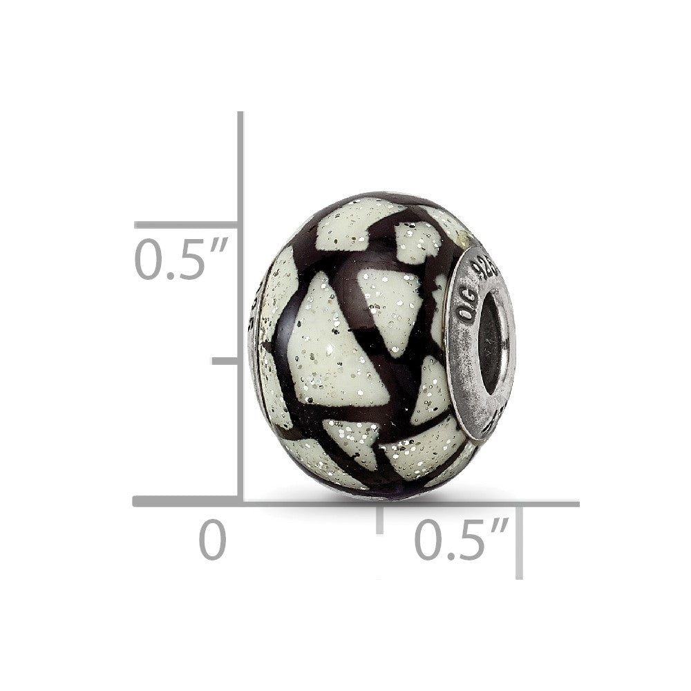 Reflections 925 Sterling Silver White/Black with Glitter Overlay Glass Bead 12 x 10 mm