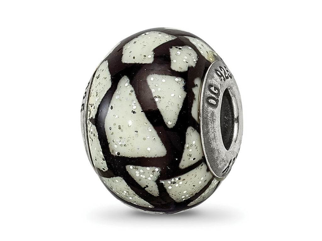 Reflections 925 Sterling Silver White/Black with Glitter Overlay Glass Bead 12 x 10 mm