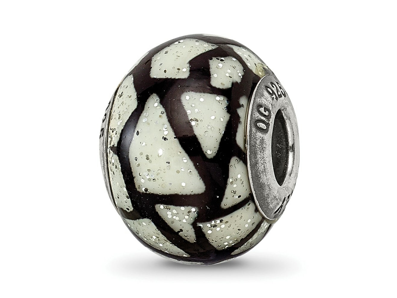 Reflections 925 Sterling Silver White/Black with Glitter Overlay Glass Bead 12 x 10 mm