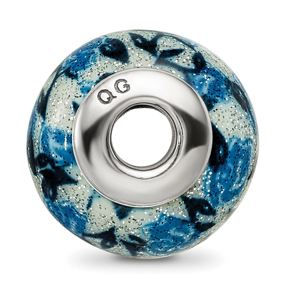 Reflections 925 Sterling Silver Blue Rose Glitter Overlay Glass Bead 12 x 10 mm