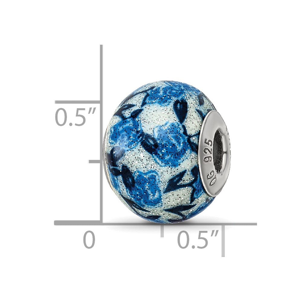Reflections 925 Sterling Silver Blue Rose Glitter Overlay Glass Bead 12 x 10 mm