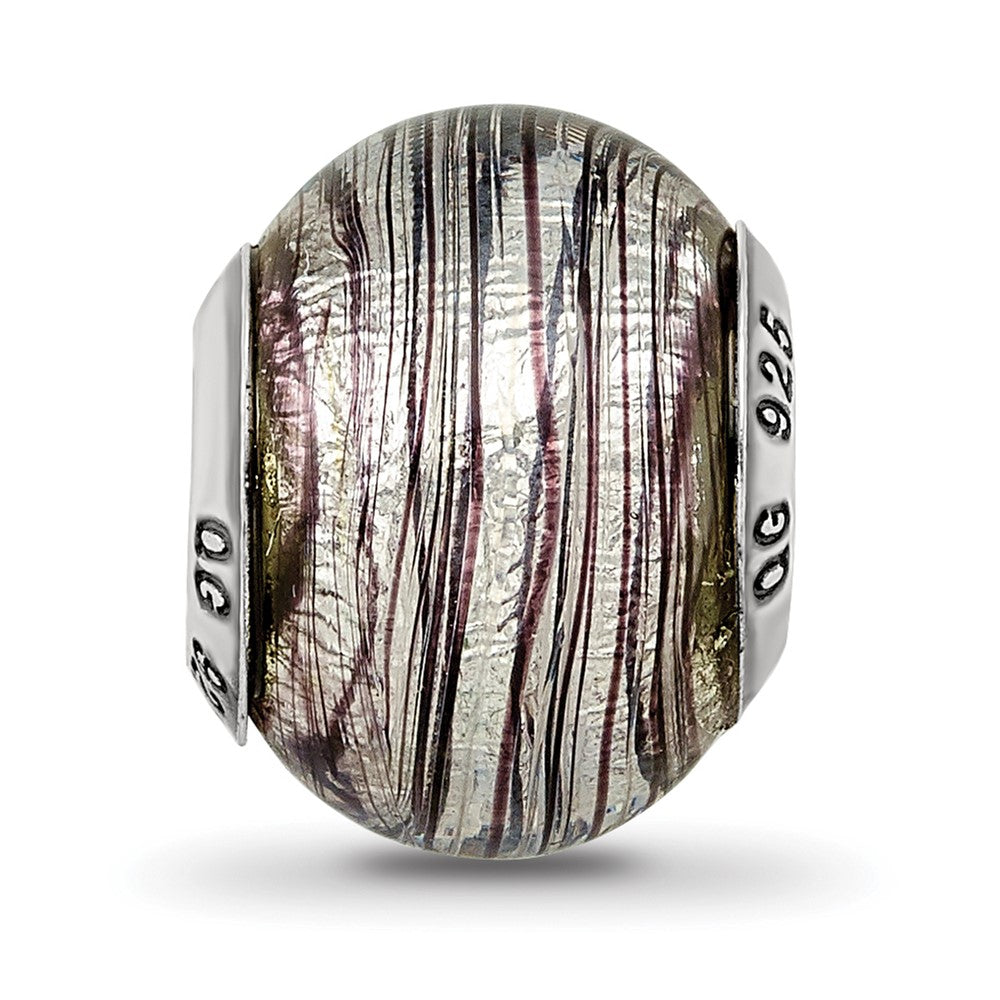 Reflections 925 Sterling Silver Italian Murano Purple Stripes Glass Bead 12 x 10 mm