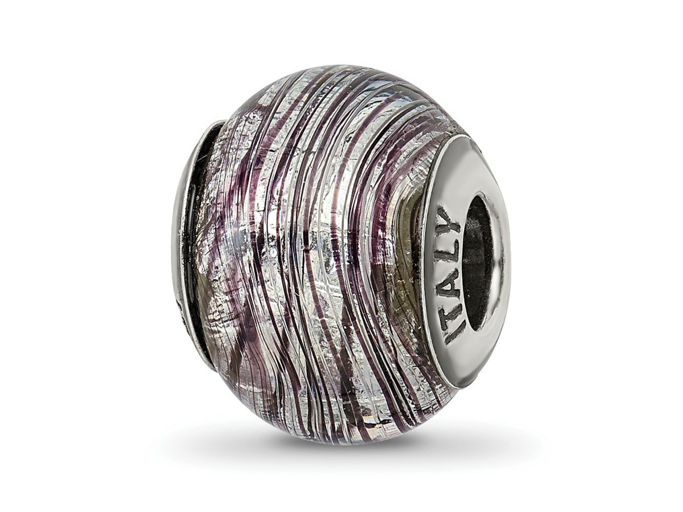 Reflections 925 Sterling Silver Italian Murano Purple Stripes Glass Bead 12 x 10 mm