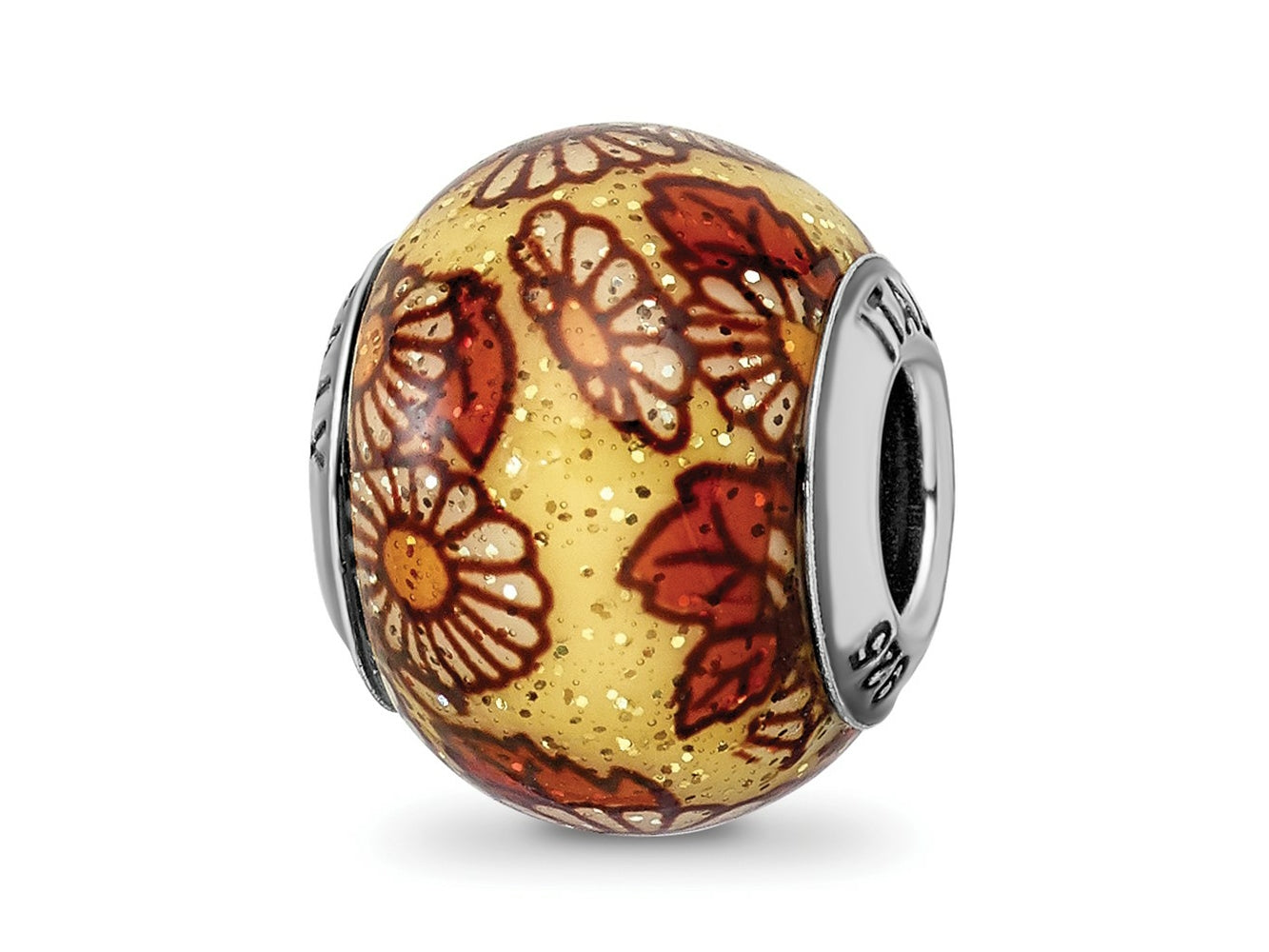 Reflections 925 Sterling Silver Italian Yellow Floral Overlay Glass Bead 12 x 10 mm