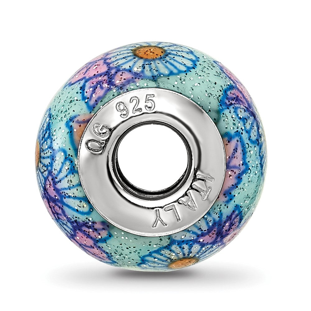 Reflections 925 Sterling Silver Italian Blue Floral Overlay Glass Bead 12 x 10 mm