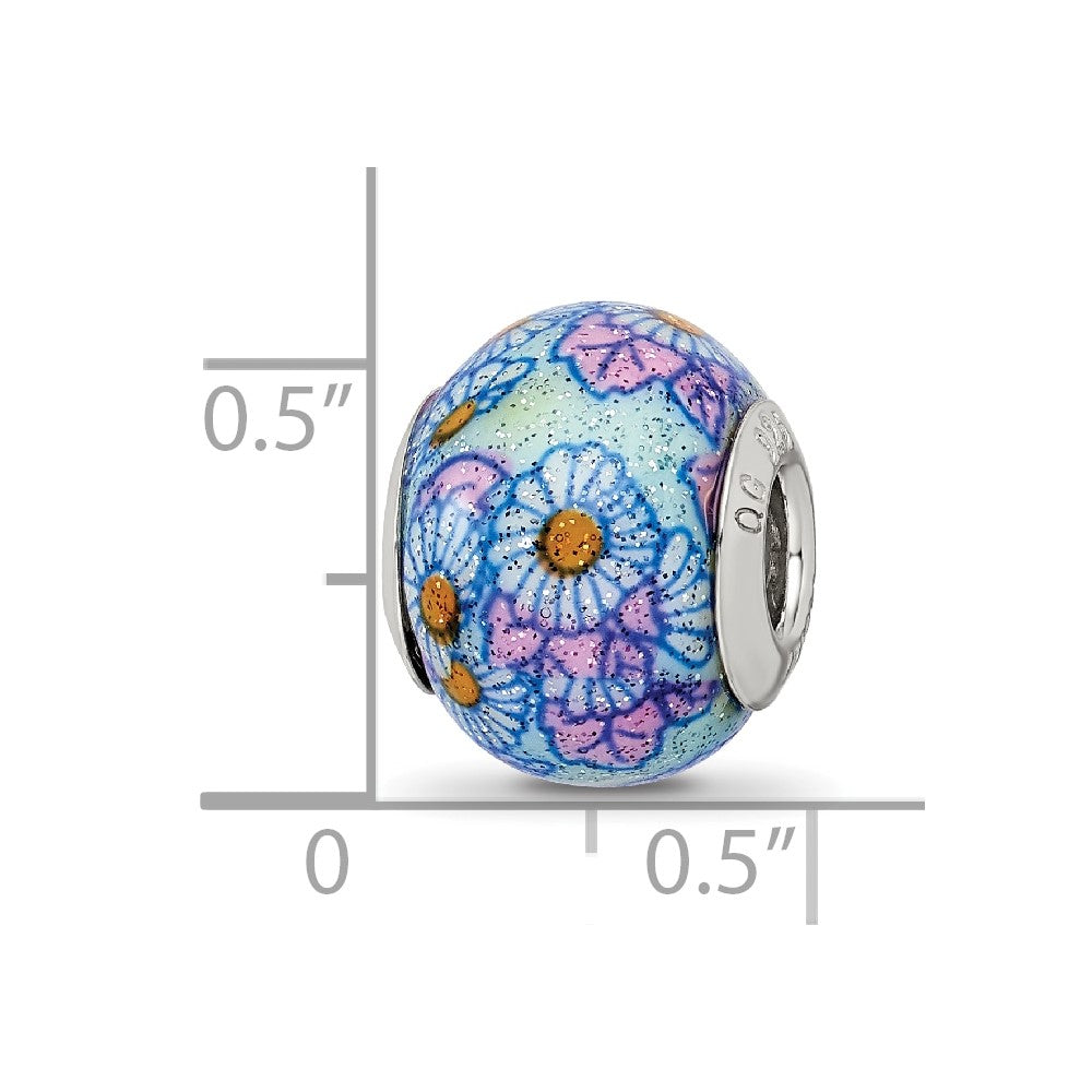 Reflections 925 Sterling Silver Italian Blue Floral Overlay Glass Bead 12 x 10 mm