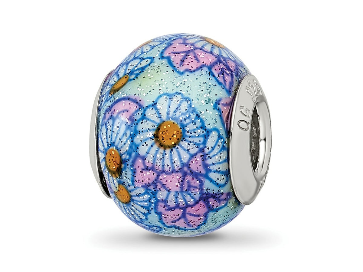 Reflections 925 Sterling Silver Italian Blue Floral Overlay Glass Bead 12 x 10 mm