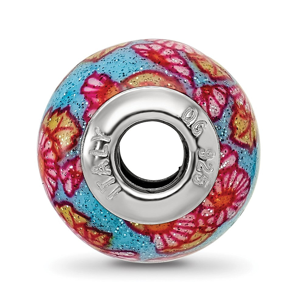 Reflections 925 Sterling Silver Italian Multicolor Floral Overlay Glass Bead 12 x 10 mm