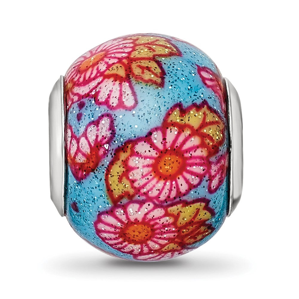 Reflections 925 Sterling Silver Italian Multicolor Floral Overlay Glass Bead 12 x 10 mm
