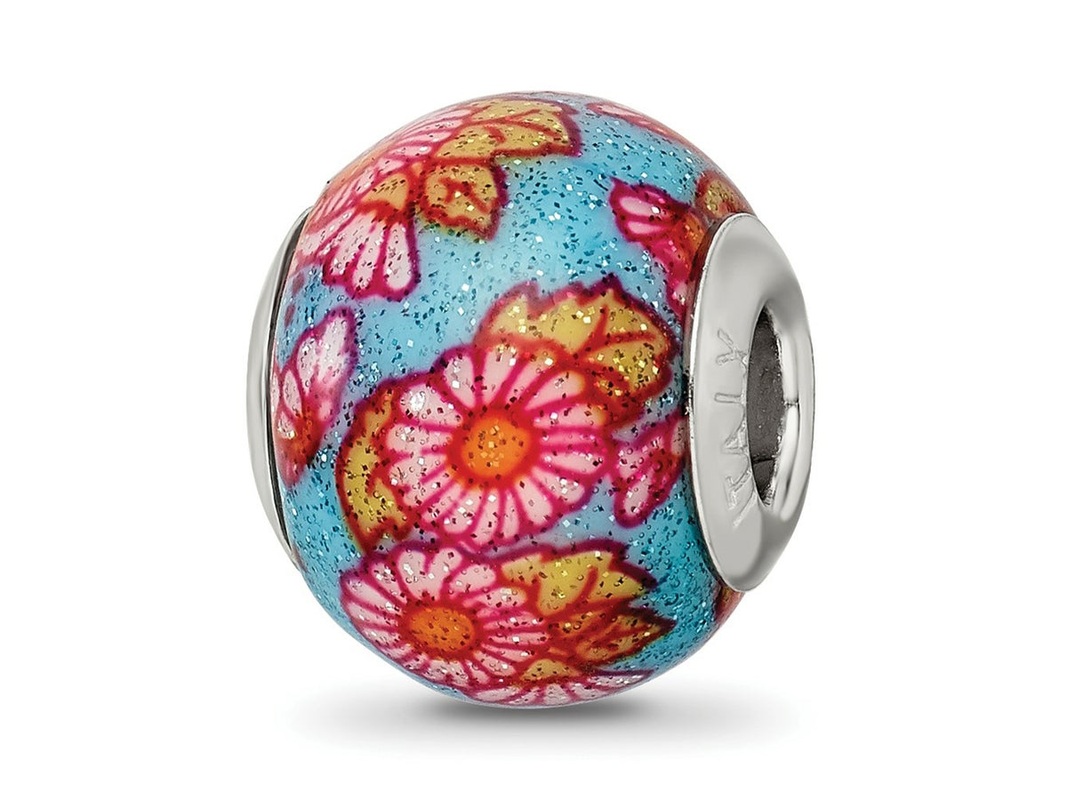 Reflections 925 Sterling Silver Italian Multicolor Floral Overlay Glass Bead 12 x 10 mm