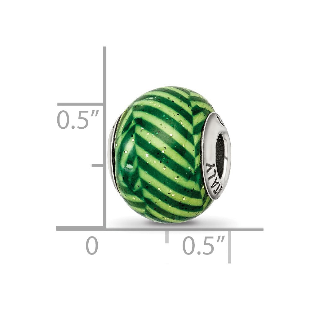 Reflections 925 Sterling Silver Italian Green Stripes with Glitter Glass Bead 12 x 10 mm