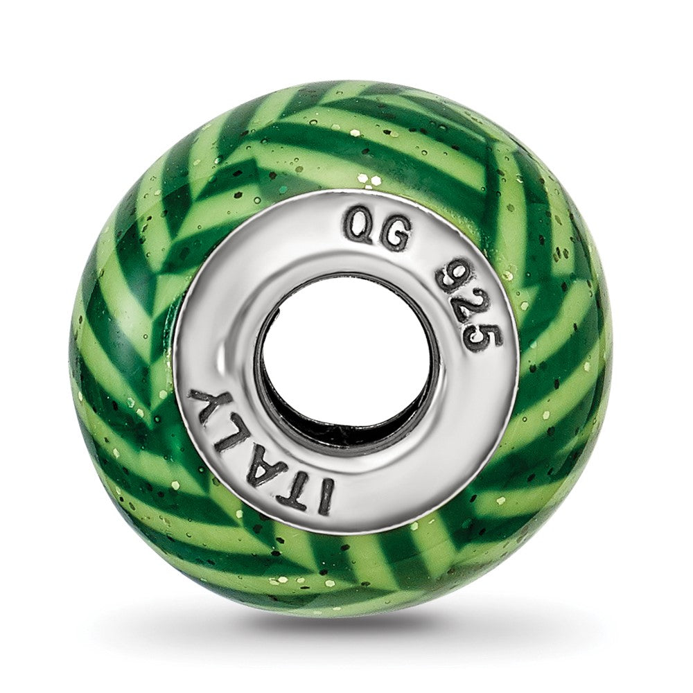 Reflections 925 Sterling Silver Italian Green Stripes with Glitter Glass Bead 12 x 10 mm