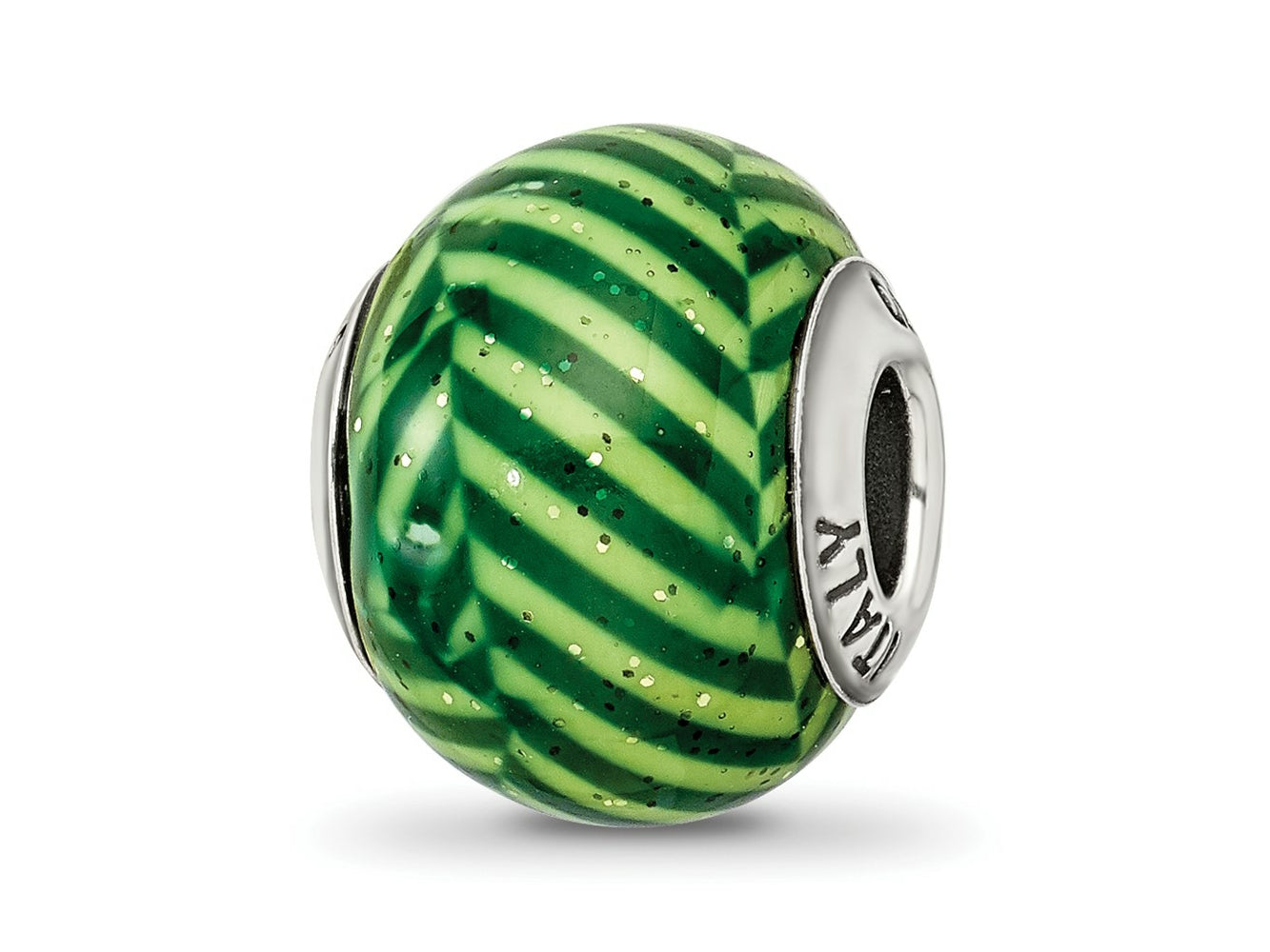 Reflections 925 Sterling Silver Italian Green Stripes with Glitter Glass Bead 12 x 10 mm