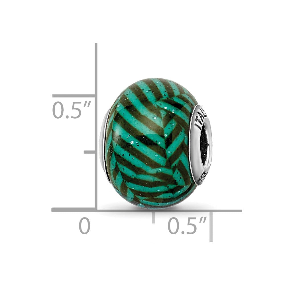 Reflections 925 Sterling Silver Italian Teal Stripes with Glitter Glass Bead 12 x 10 mm