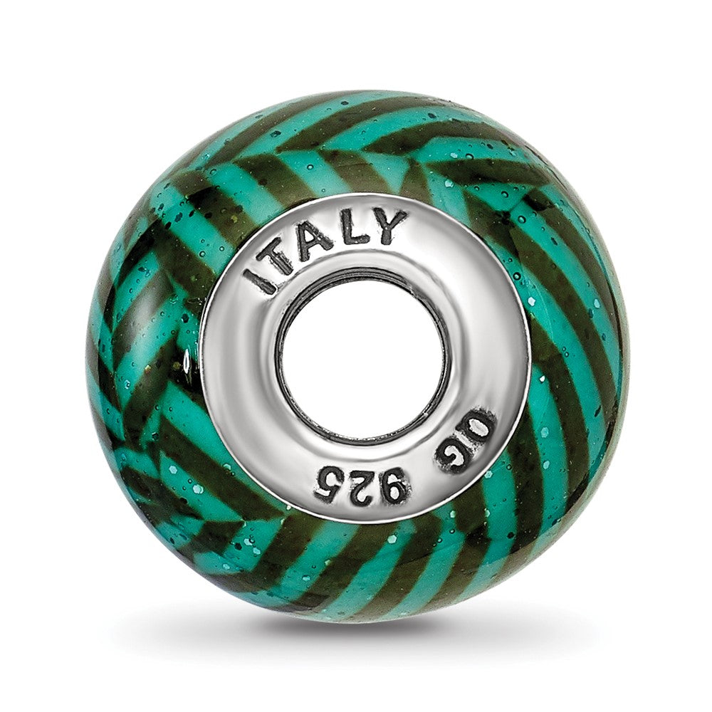 Reflections 925 Sterling Silver Italian Teal Stripes with Glitter Glass Bead 12 x 10 mm
