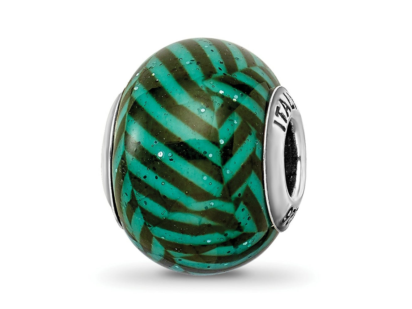 Reflections 925 Sterling Silver Italian Teal Stripes with Glitter Glass Bead 12 x 10 mm