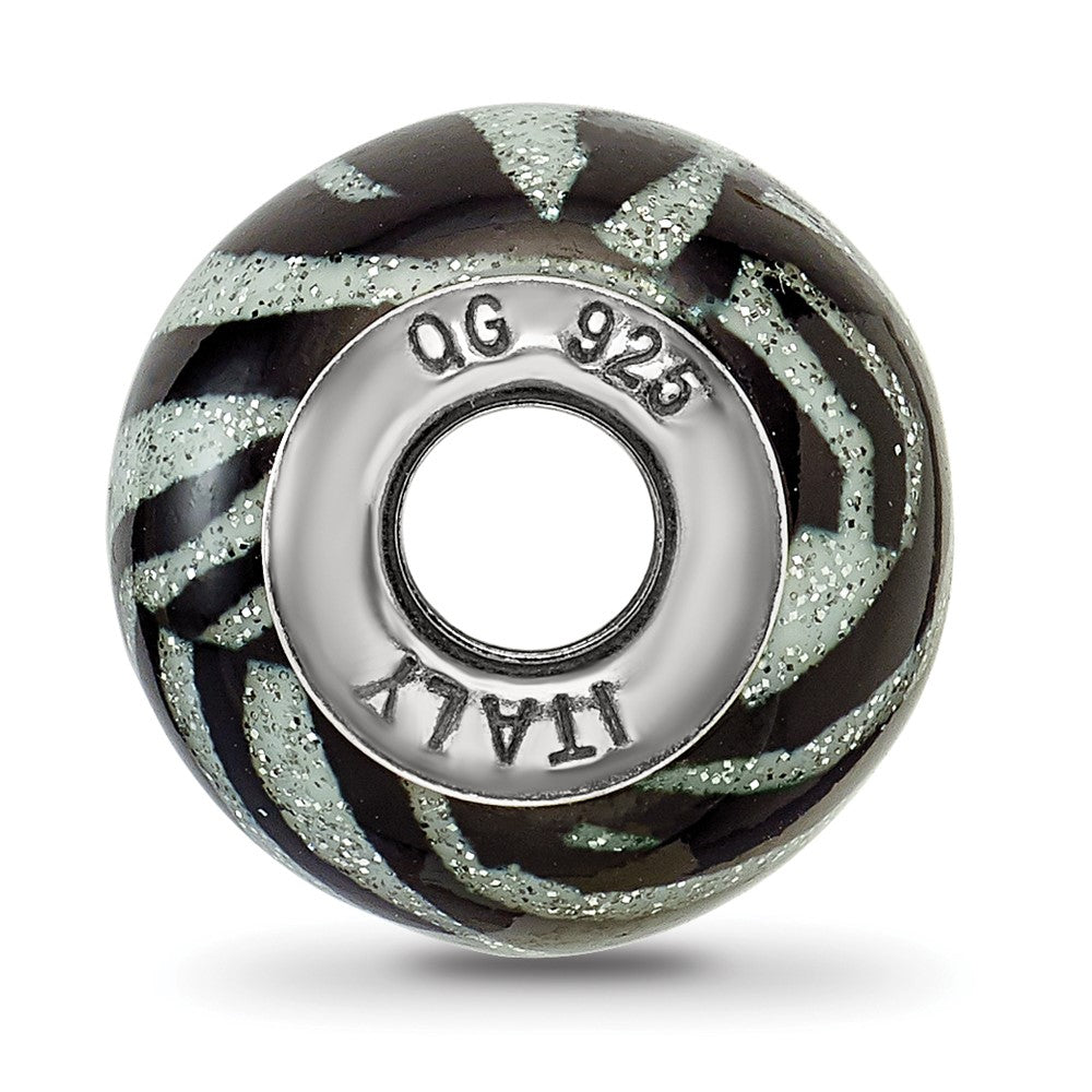 Reflections 925 Sterling Silver Italian Black and White Stripes Glass Bead 13 x 10 mm