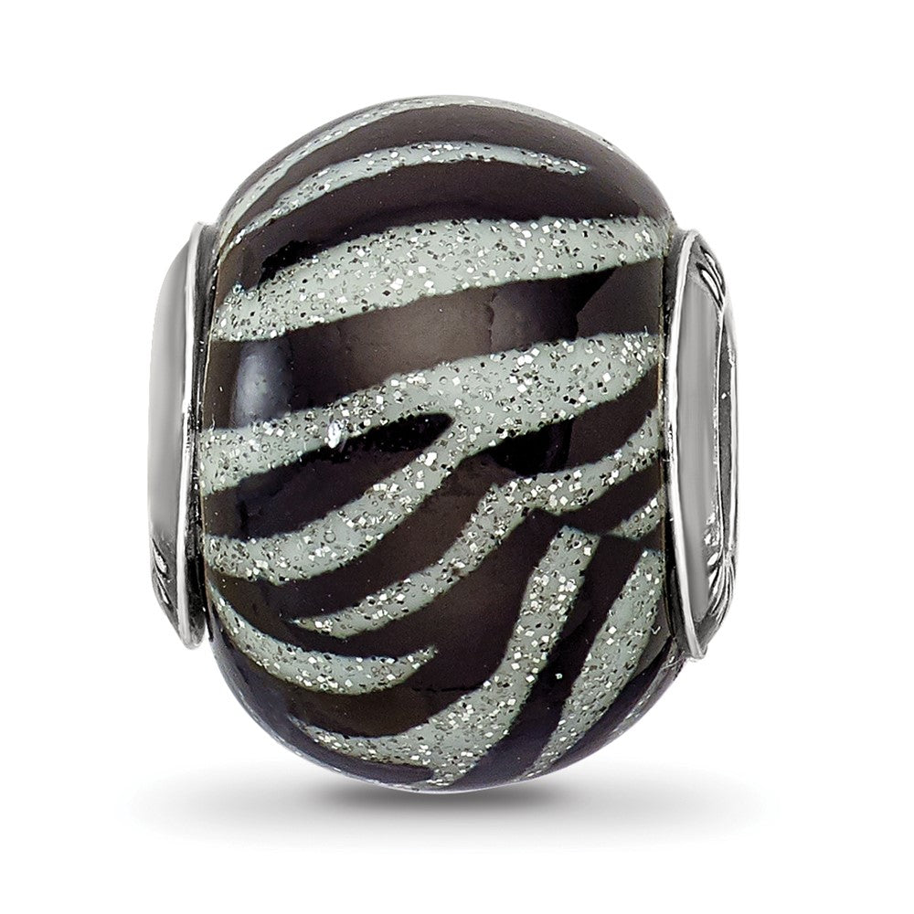 Reflections 925 Sterling Silver Italian Black and White Stripes Glass Bead 13 x 10 mm