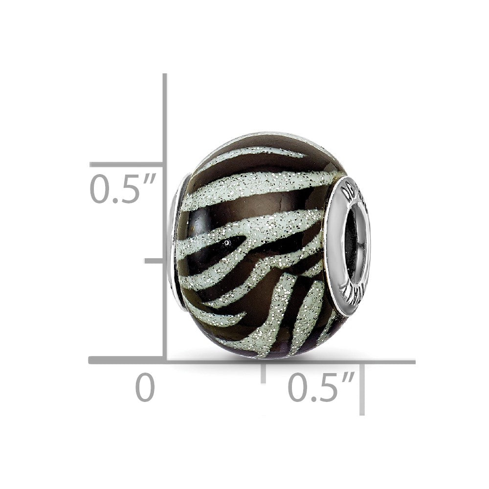 Reflections 925 Sterling Silver Italian Black and White Stripes Glass Bead 13 x 10 mm