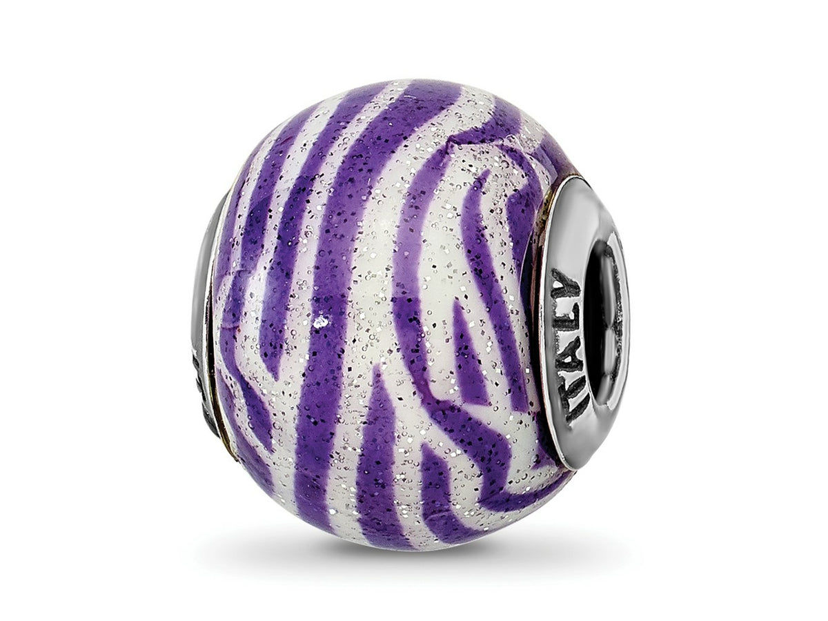 Reflections 925 Sterling Silver Italian Purple and White Stripes Glass Bead 12 x 10 mm