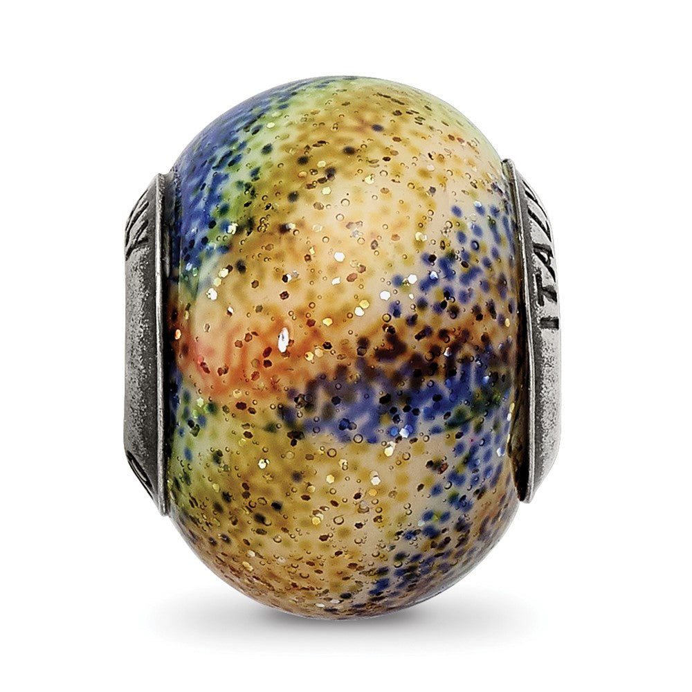 Reflections 925 Sterling Silver Italian Blue and Orange and Green Glass Bead 12 x 10 mm