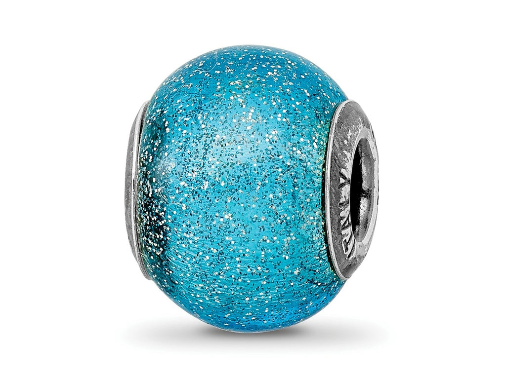 Reflections 925 Sterling Silver Italian Light Blue with Silver Glitter Glass Bead 12 x 10 mm