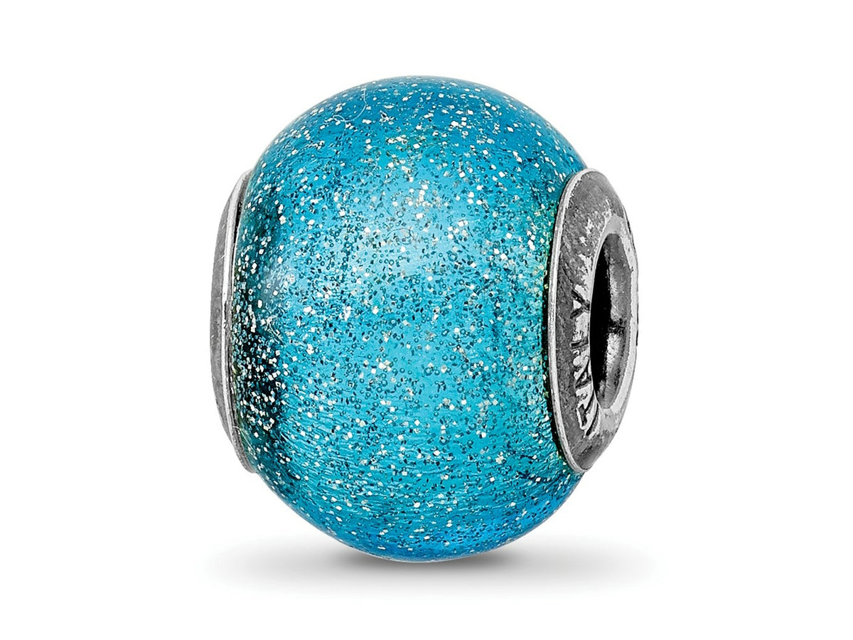 Reflections 925 Sterling Silver Italian Light Blue with Silver Glitter Glass Bead 12 x 10 mm
