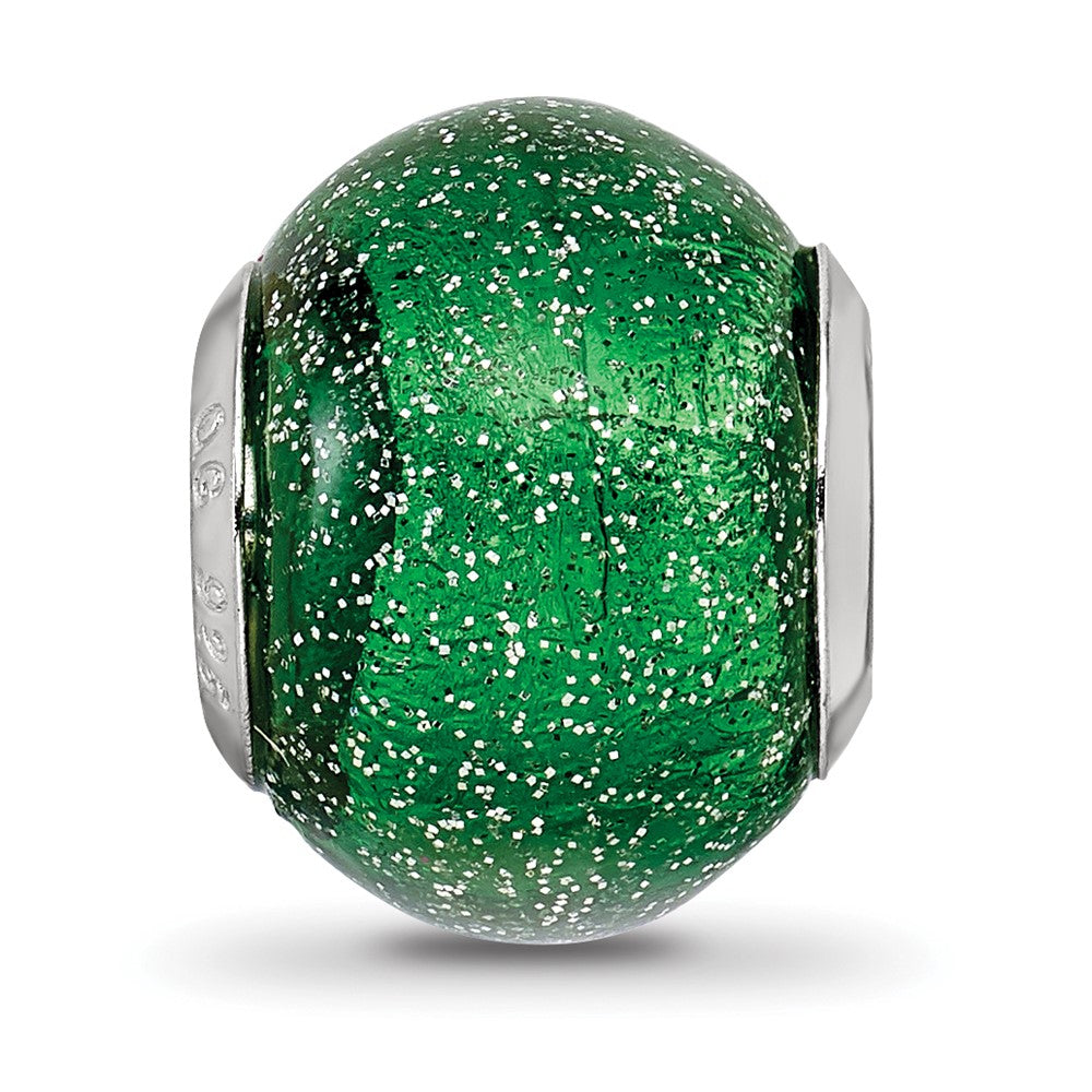 Reflections 925 Sterling Silver Italian Green with Silver Glitter Glass Bead 12 x 10 mm