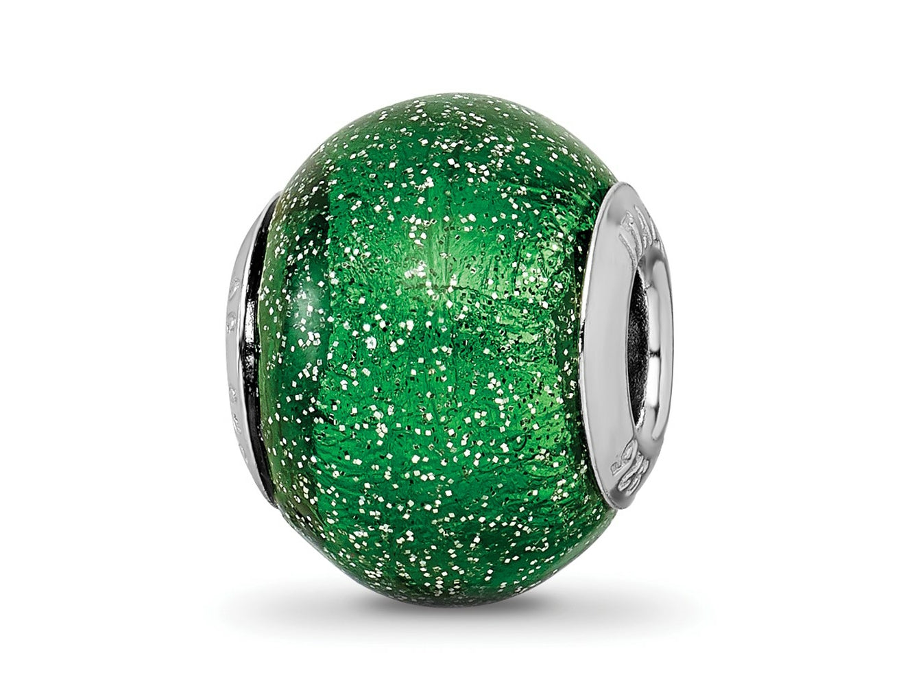 Reflections 925 Sterling Silver Italian Green with Silver Glitter Glass Bead 12 x 10 mm