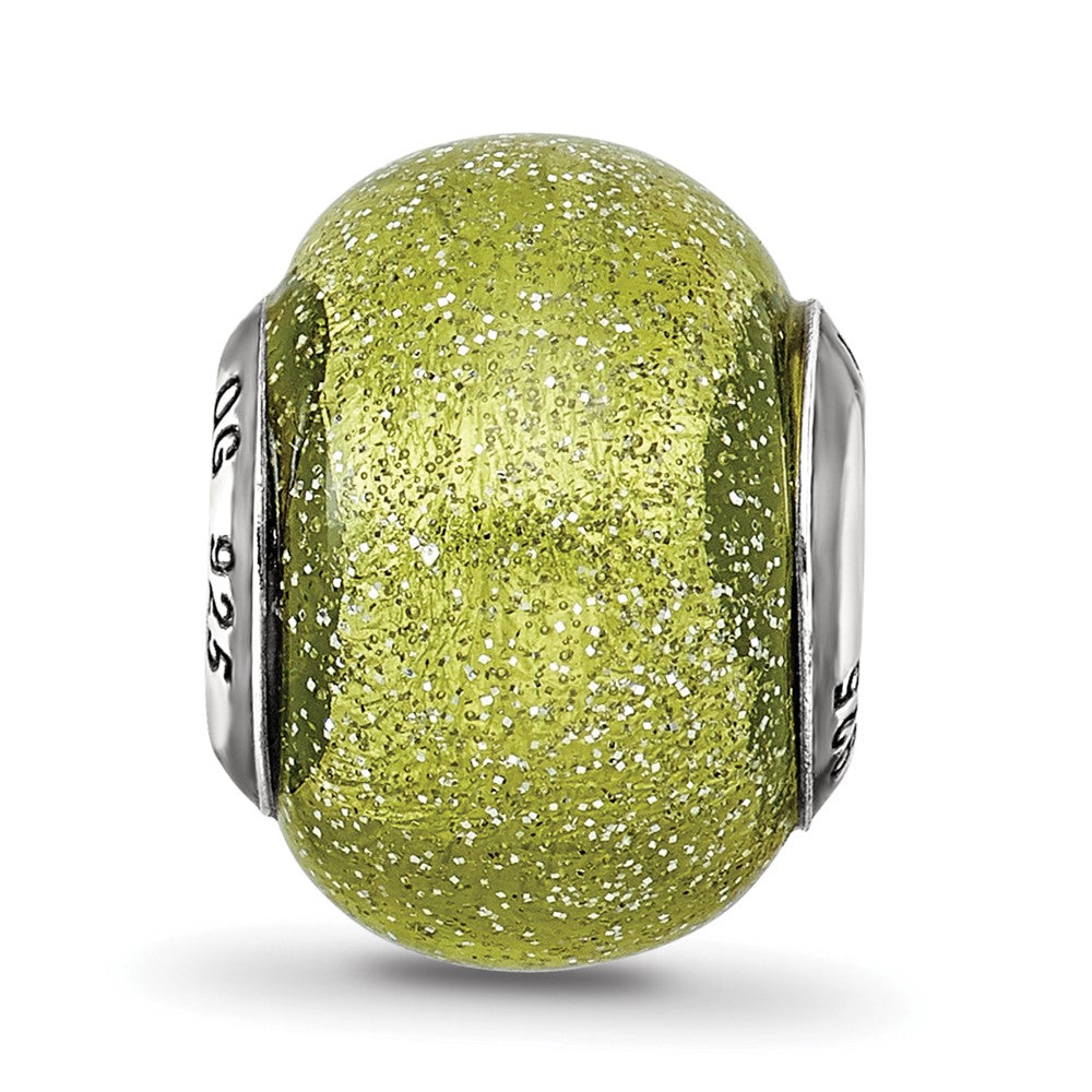 Reflections 925 Sterling Silver Italian Light Green with Silver Glitter Glass Bead 12 x 10 mm