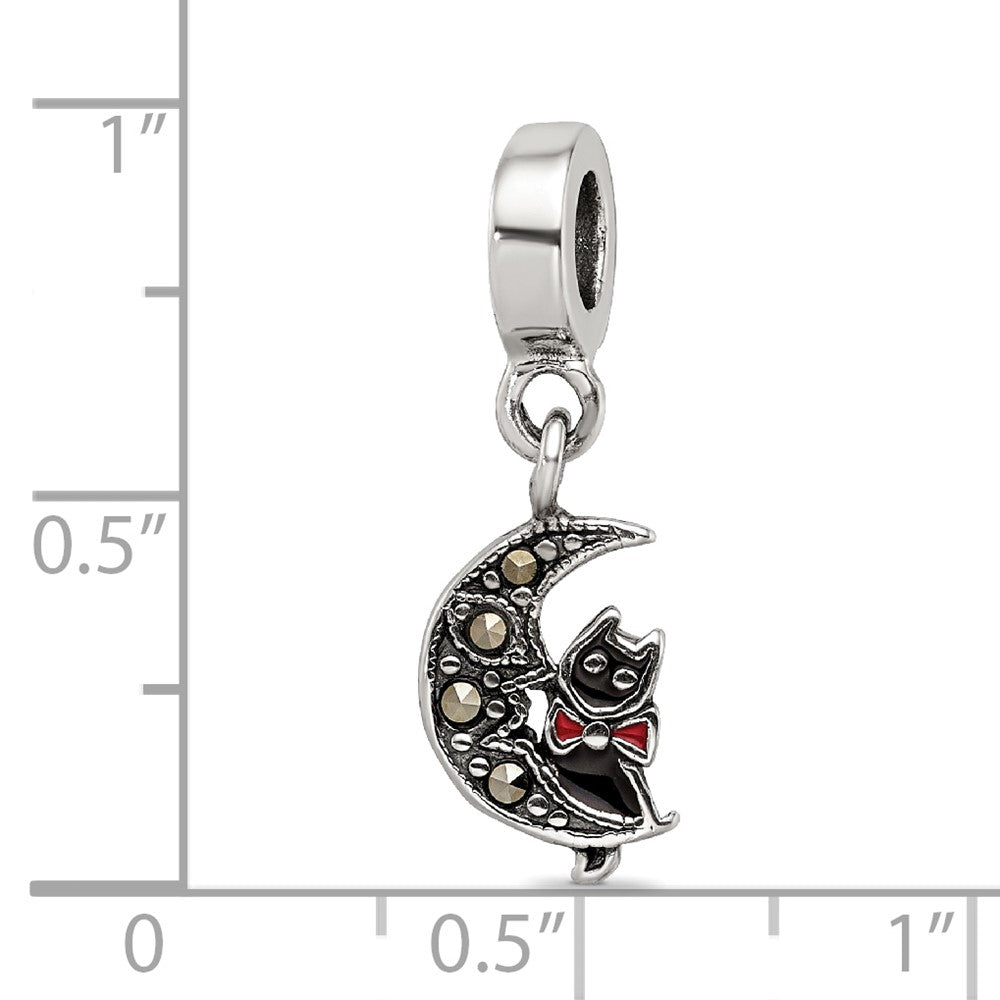 Reflections 925 Sterling Silver Marcasite Cat and Moon Dangle Bead 10 x 8 mm