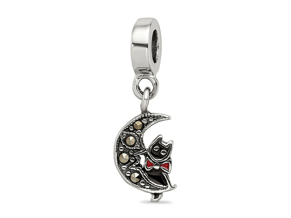 Reflections 925 Sterling Silver Marcasite Cat and Moon Dangle Bead 10 x 8 mm