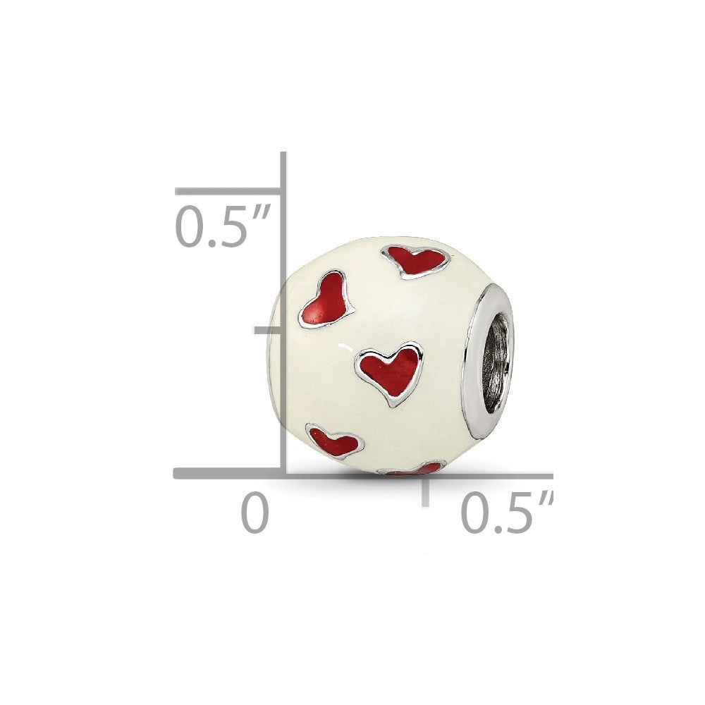Reflections 925 Sterling Silver Rhodium Plated Red and White Enamel Heart Bead 10 x 10 mm