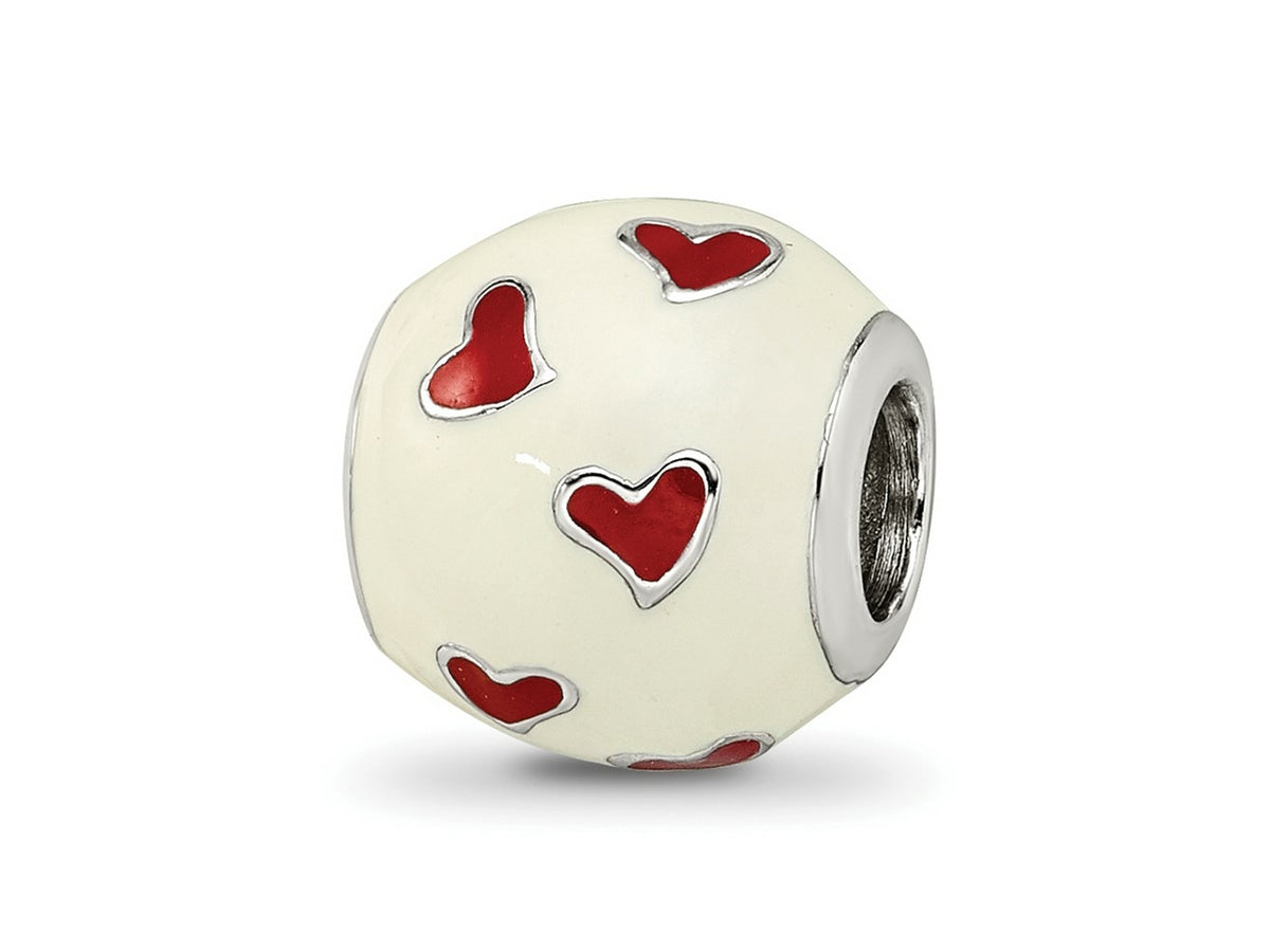 Reflections 925 Sterling Silver Rhodium Plated Red and White Enamel Heart Bead 10 x 10 mm