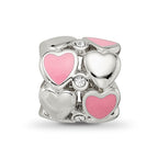Reflections 925 Sterling Silver Pink Enamel Crystal Hearts Bead 10 x 10 mm