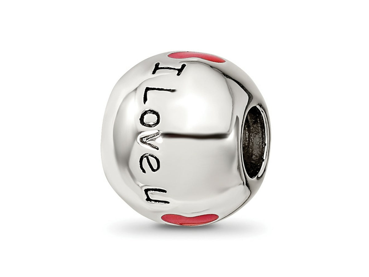 Reflections 925 Sterling Silver Rhodium Plated Black and Red Enamel I LOVE U Bead 10 x 10 mm