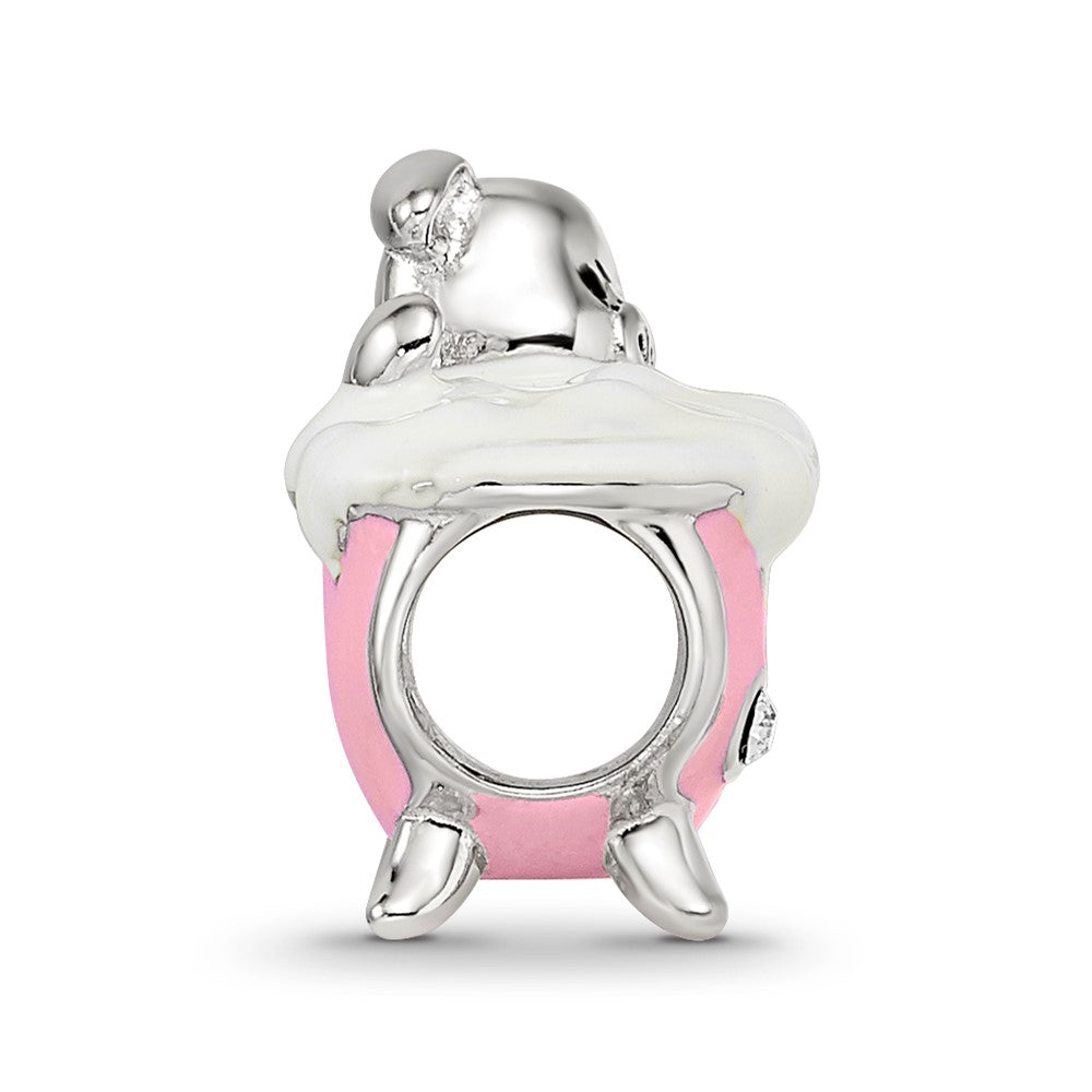 Reflections 925 Sterling Silver Rhodium Plated Pink Enamel and CZ Pig In Bathtub Bead 9 x 13 mm