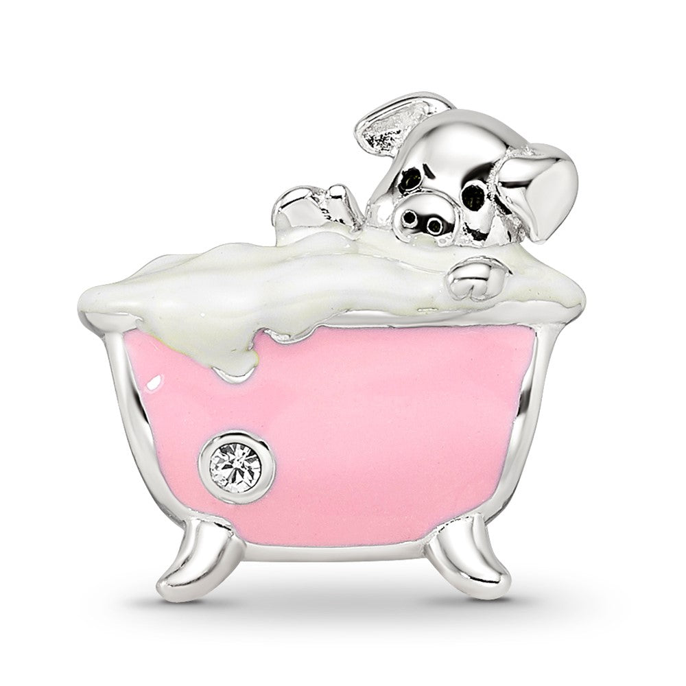 Reflections 925 Sterling Silver Rhodium Plated Pink Enamel and CZ Pig In Bathtub Bead 9 x 13 mm